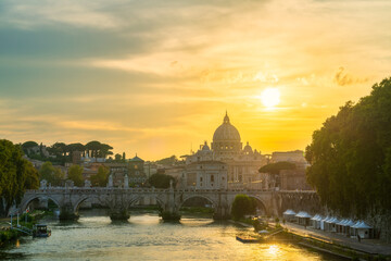 St. Peter's basilica at sunset in Rome, Italy