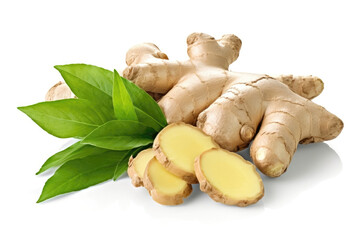 Fototapeta premium Ginger root and ginger slices with leaves! Gourmet Spice: Isolated Ginger Root and Slices with Leaves on White. Generative AI. 
