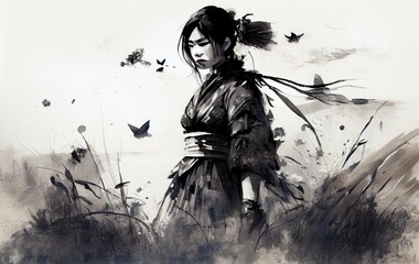 Geisha Japanese ink painting on paper background. Generative AI