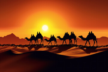 Row of Camels are walking through the dessert with sunset in background.