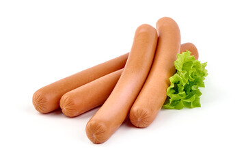 Fresh pork Boiled sausages with lettuce, isolated on white background.