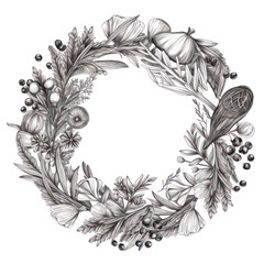 Frame of spices for the design of culinary materials, menus, recipes, labels with empty space in the center on a light background in a graphic style