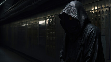 Hooded Figure in Tunnel. Dangerous . Hoodie, Looking at Camera. Face Mask. Black Clothing. Concept of Moody, Scary, Ominous, and Dark Entity.