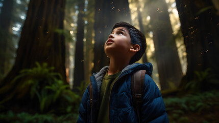 Young Boy in the Redwood Forest. Wearing Backpack Hiking. Looking Up, Taking in Nature and Air. Overgrowth, Sun Ray Through the Trees. Concept of Wonder, Adventure, Explore, Nature, Magical.