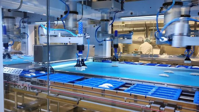 Mechanical robots take semi-finished products from conveyor belt and put them into containers. Mechanical robots replacing human labor in factory Mechanical robots in mass production French croissants