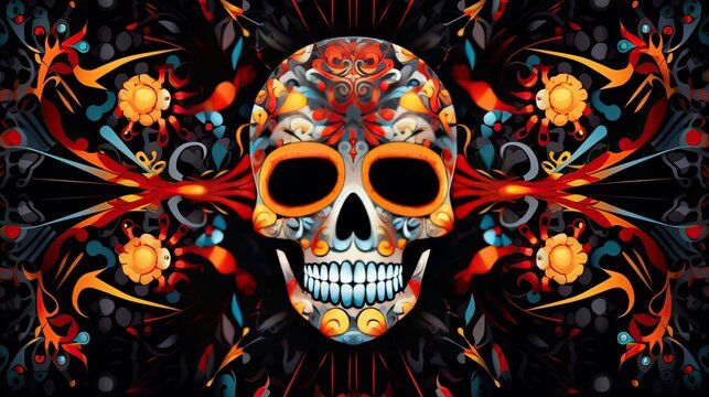 Dia de Los muertos. Day of the dead mexican background. Death festival celebration with skulls. AI illustration. 