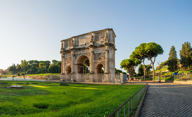 The Arch of Constantine at sunrise in Rome, Italy