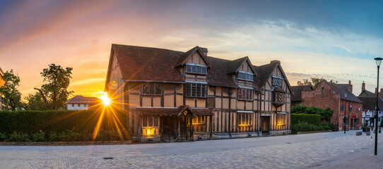 William Shakespeares birthplace place panorama at sunrise. Henley street in Stratford upon Avon in...
