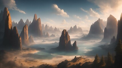 Photo of a peaceful mountain landscape enveloped in mist