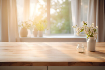 Wooden tabletop with blurred kitchen background with windows 