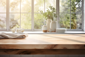 Empty wooden tabletop with blurred kitchen background with windows 