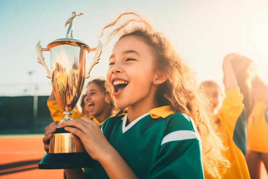 A Girl With A Trophy Celebrating The Victory With Friends On The School Sports Field.