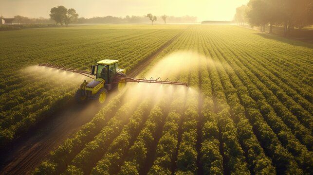 Agriculture, Aerial View of Spring generation soybean field being sprayed with pesticides by tractor. agricultural innovation concept. Generative Ai