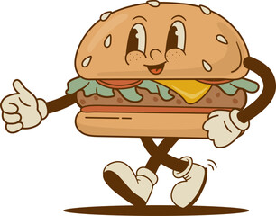 Retro cartoon funny burger characters, mascot. Vintage fast food hamburger vector illustration. Nostalgia - obrazy, fototapety, plakaty