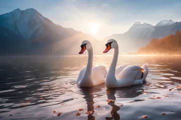 Foto op Aluminium Two beautiful white swans swim on a mountain lake on a foggy morning at dawn. © Maria Moroz