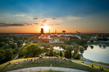View of the Olympic stadium at olympiapark in the city of Munich - obrazy, fototapety, plakaty