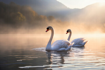 Two beautiful white swans swim on a mountain lake on a foggy morning at dawn.