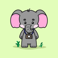 Adorable elephant standing with a camera. Cute elephant cartoon illustration isolated in green background. Vector illustration. Fit for mascot, children's book, icon, t-shirt design, etc.