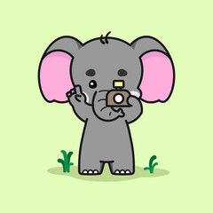 Lovable elephant is photographing. Cute elephant cartoon illustration isolated in green background. Vector illustration. Fit for mascot, children's book, icon, t-shirt design, etc