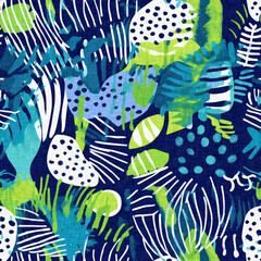 Tropical modern coastal pattern clash fabric coral reef print for summer beach textile designs with a linen cotton effect. Seamless trendy underwater kelp and seaweed repeat background