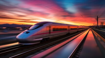 High-speed train on the railway at sunset. . Concept of speed and motion. created by generative AI - obrazy, fototapety, plakaty