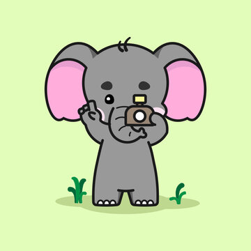 Lovable elephant is photographing. Cute elephant cartoon illustration isolated in green background. Vector illustration. Fit for mascot, children's book, icon, t-shirt design, etc