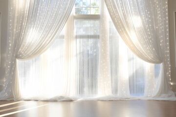 white lace drape curtains around window with sunshine, photographic background made with generative ai