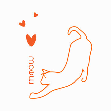 Delicate image of a cat in one line and hearts. Meow. Light background