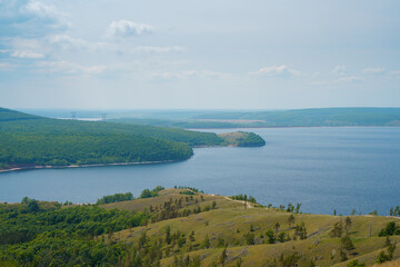 Amazing panorama of the Volga River and the islands on a summer day. Beautiful landscape in Russia