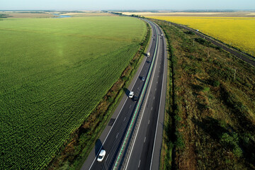 Aerial view at sunrise of A2 Highway motorway road between Bucharest and Constanta cities. Amazing beautiful road. 