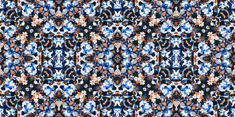 Fototapeta premium Indigo blue white vibrant watercolor batik azulejos tile border banner background. Seamless coastal blur linen effect geometric mosaic effect.Boho Patchwork nautical masculine summer ribbon trim. 