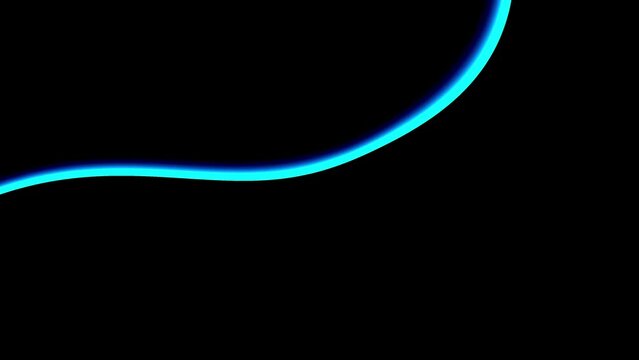 Neon blue lines abstract moving on black background. Flowing motion of glowing light blue royal blue round shape outline. Dark backdrop. Technology wallpaper, cover, presentation. Simple animation