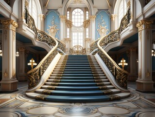 Obraz premium Luxurious Front View Stairs with Red Carpet Ornamental Railings in Blue, White, and Gold