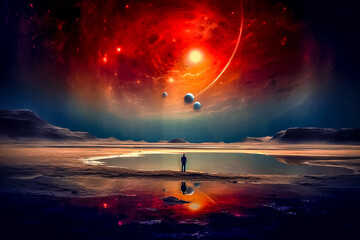 Seul dans un monde étrange - Silhouette dans un paysage vide avec un ciel rouge et des planètes - Générative ia