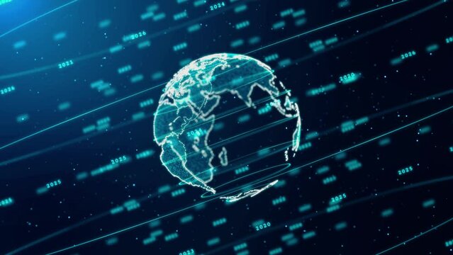 Digital Global network rotating connection data connections. Worldwide Big Data Cloud. Earth animation social future technology. 5g Web Communications Ai Networking on Fiber Global Business
