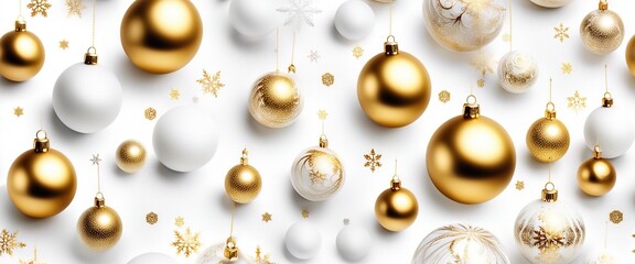Winter holiday wallpaper. Festive white and gold Christmas ornaments and baubles. Empty glass snow ball isolated