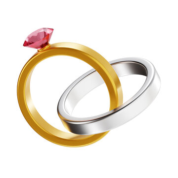 wedding rings 3d render icon illustration, transparent background, wedding set