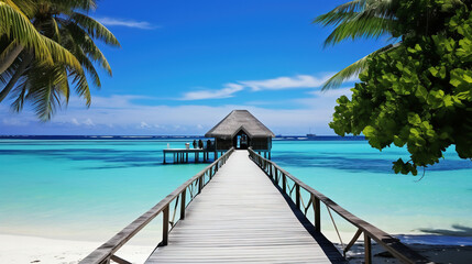 Fototapeta premium 海上コテージに続く桟橋と白い砂浜