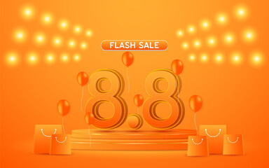 8.8 Shopping Day Flash Sale number 8.8 is on an orange podium. For website or social media promotions and online shopping.	