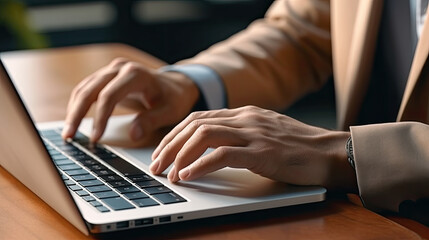 Male hands typing on computer keyboard closeup, business man or student using laptop at home, online learning, internet marketing, working from home, office workplace, freelance concept, Generative Ai