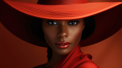 Young African American woman with black curly hair in the red hat with a wide brim covering her face. Black strong girl on red background, front view.