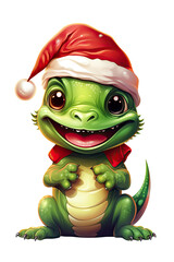 Cute smiling green dragon in Santa hat on transparent background. Christmas png element. The symbol of the New Year 2024.