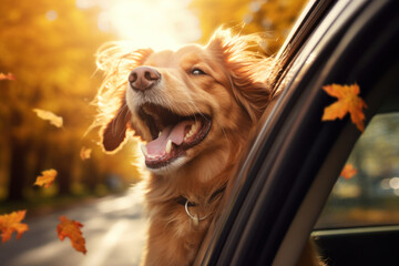 The happy dog is leaning out the car window. Its fur flutter in the wind together with orange fall leaves on its joyful autumn journey.