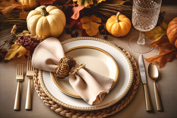 Fototapeta na wymiar Thanksgiving dinner table setting with autumnal decorations, pumpkins, glasses and plates. Generative AI.