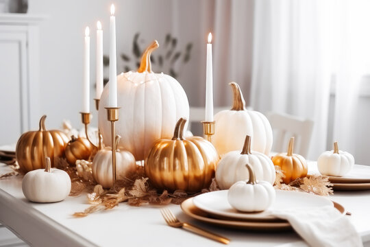 Thanksgiving dinner table setting with autumnal decorations, pumpkins, glasses and plates. Generative AI.
