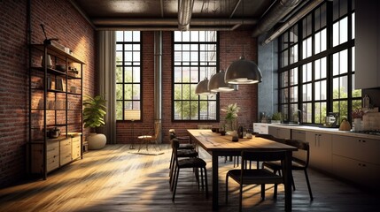Plakat 3D rendering of a loft living room with a brick wall and wooden floor