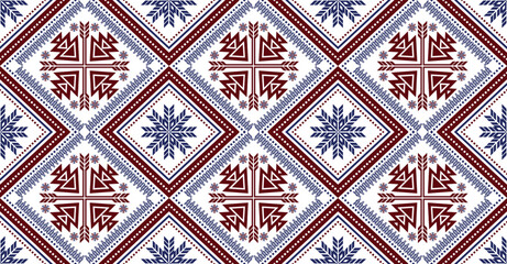 Geometric ethnic bohemian seamless pattern. Design for background, fabric, clothing, rug, carpet, scarf, floor. Vector illustration. Blue and red motifs on white background.