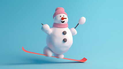 3d cute snowman goes skiing, cute snowman blinking, smiling, holding ski, isolated on blurred background. Christmas and new year background or greeting card, space for text. Generative AI