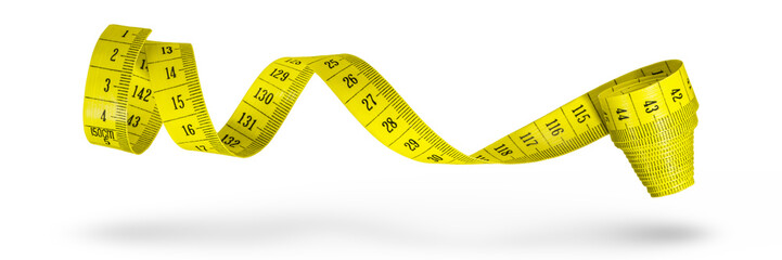Measuring tape isolated on white background. Tape for measuring sizes in centimeters, yellow. The concept of diet, weight loss or distance measurement.