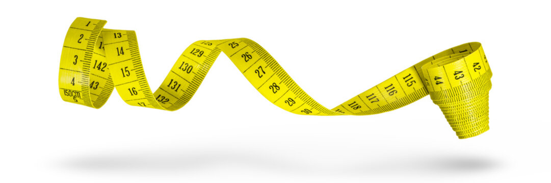 Measuring tape isolated on white background. Tape for measuring sizes in centimeters, yellow. The concept of diet, weight loss or distance measurement.